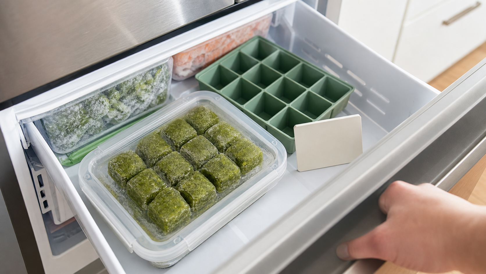 A freezer drawer with sealed green yerba mate cubes and a silicone tray