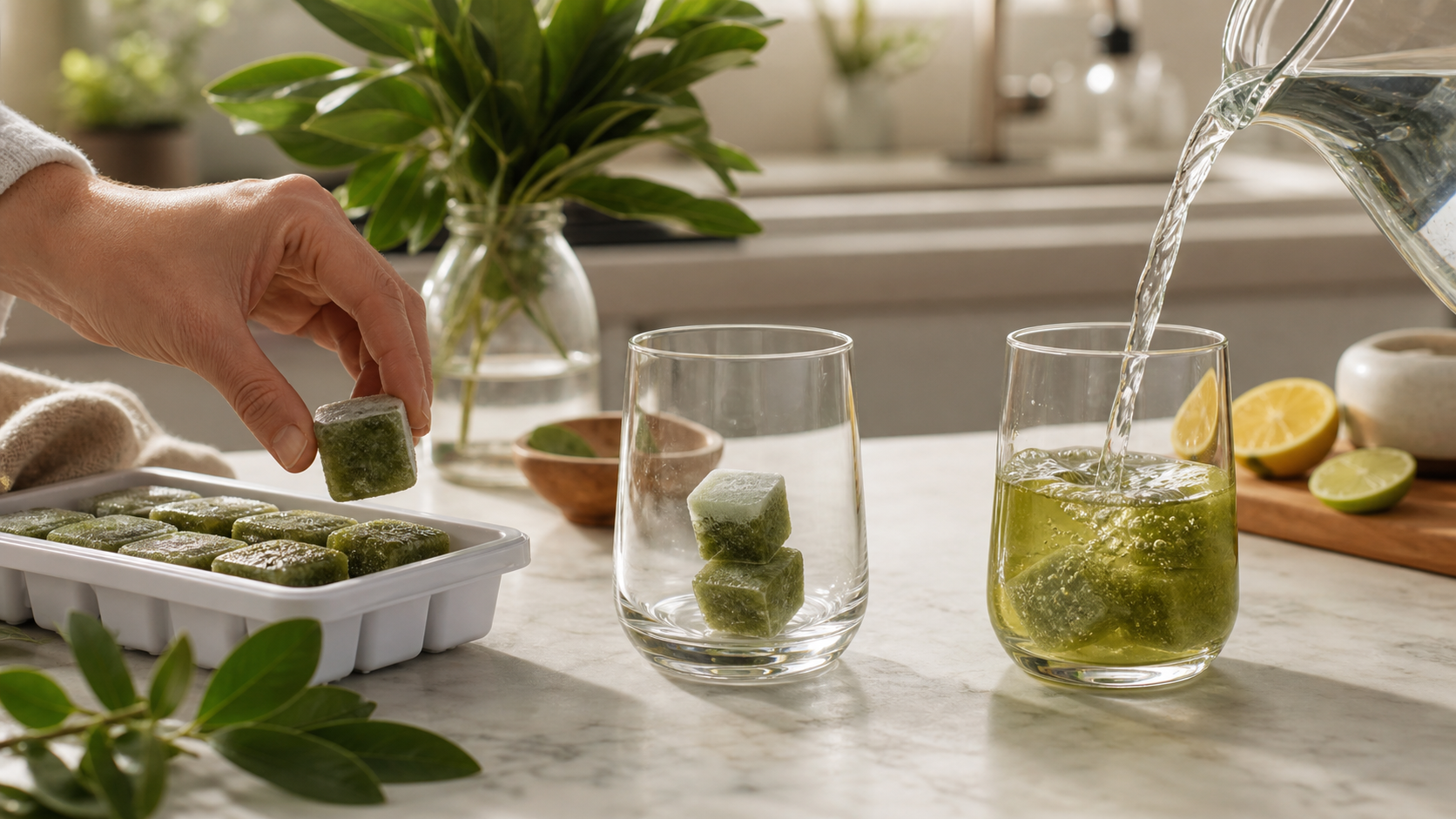 Frozen yerba mate cubes moving from a tray into glasses as water is poured