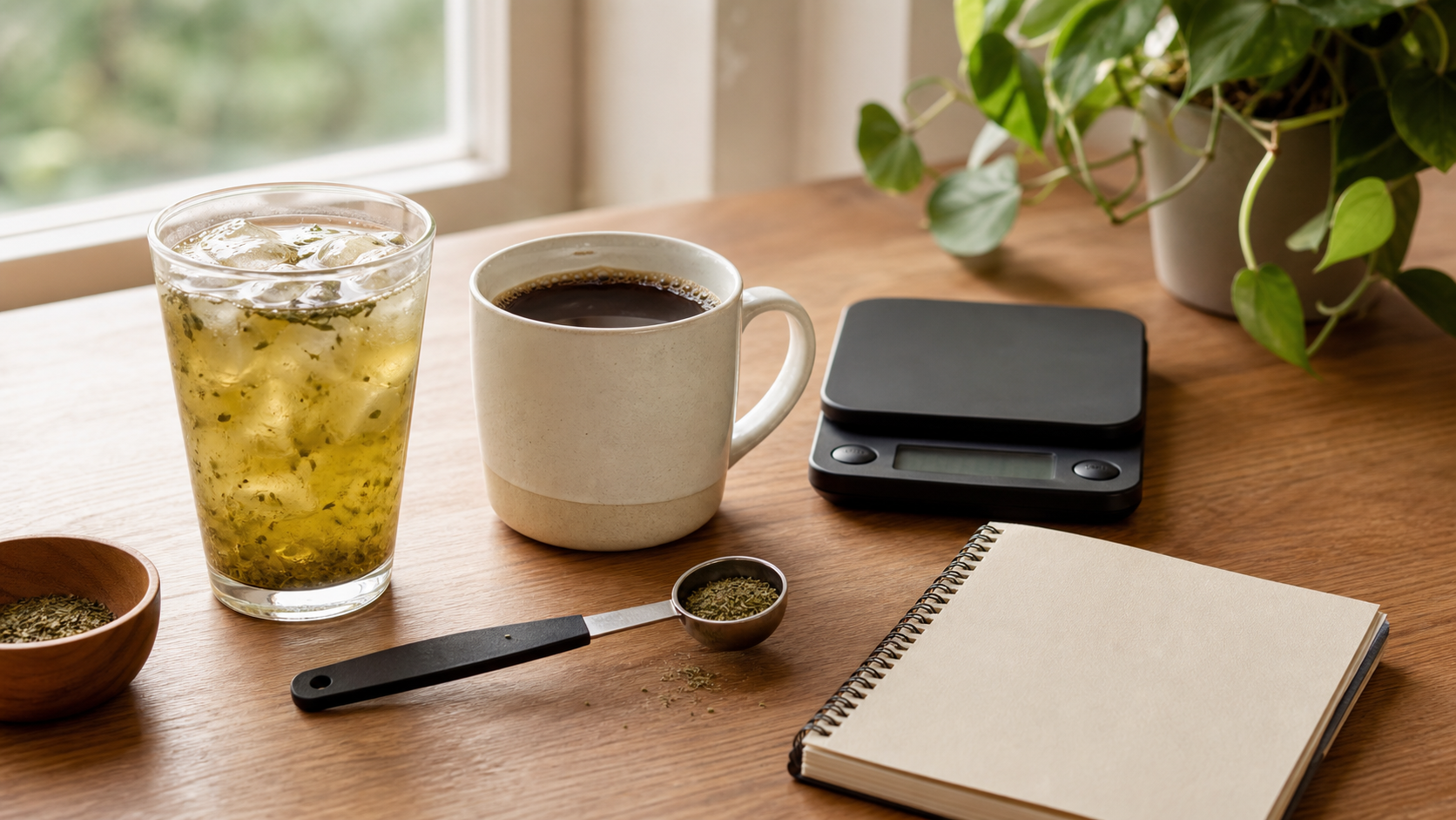 Iced yerba mate and black coffee beside measuring tools and a blank notebook